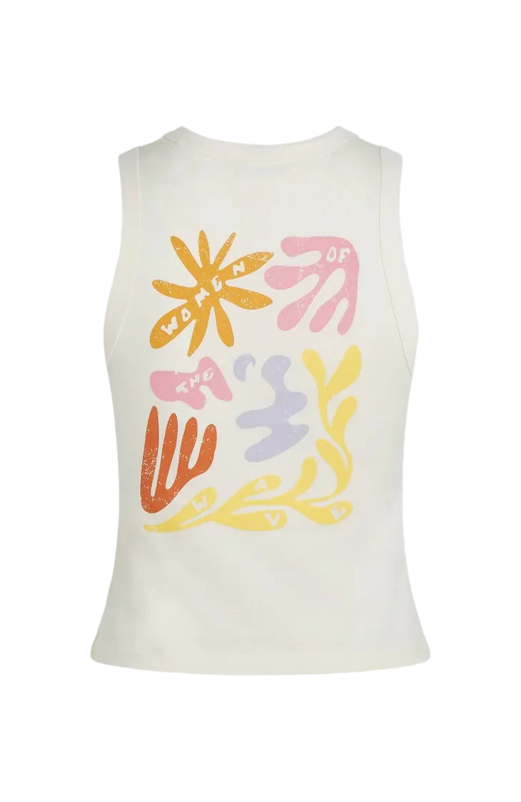 White tank top with colorful abstract designs on a white background