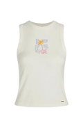 White tank top with colorful text and graphics on a white background