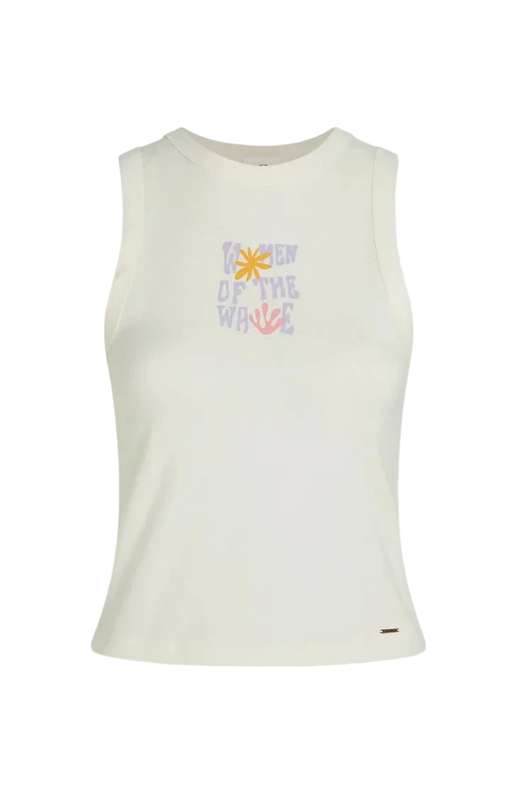 White tank top with colorful text and graphics on a white background