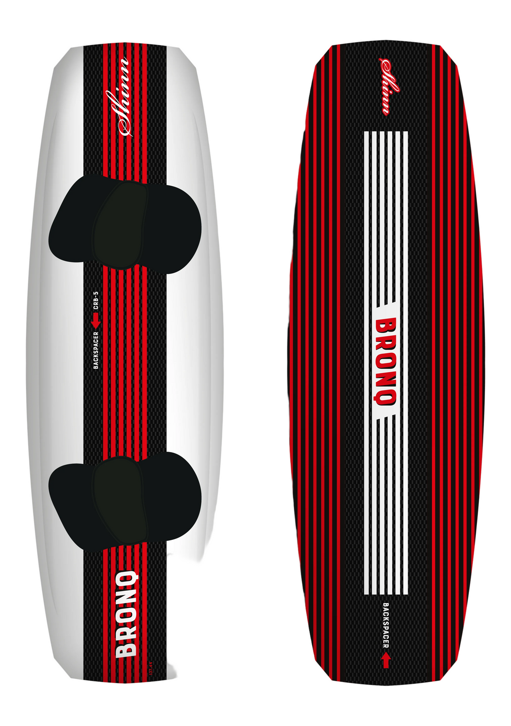 Two views of a white and red wakeboard with 'Brono' branding on a white background.