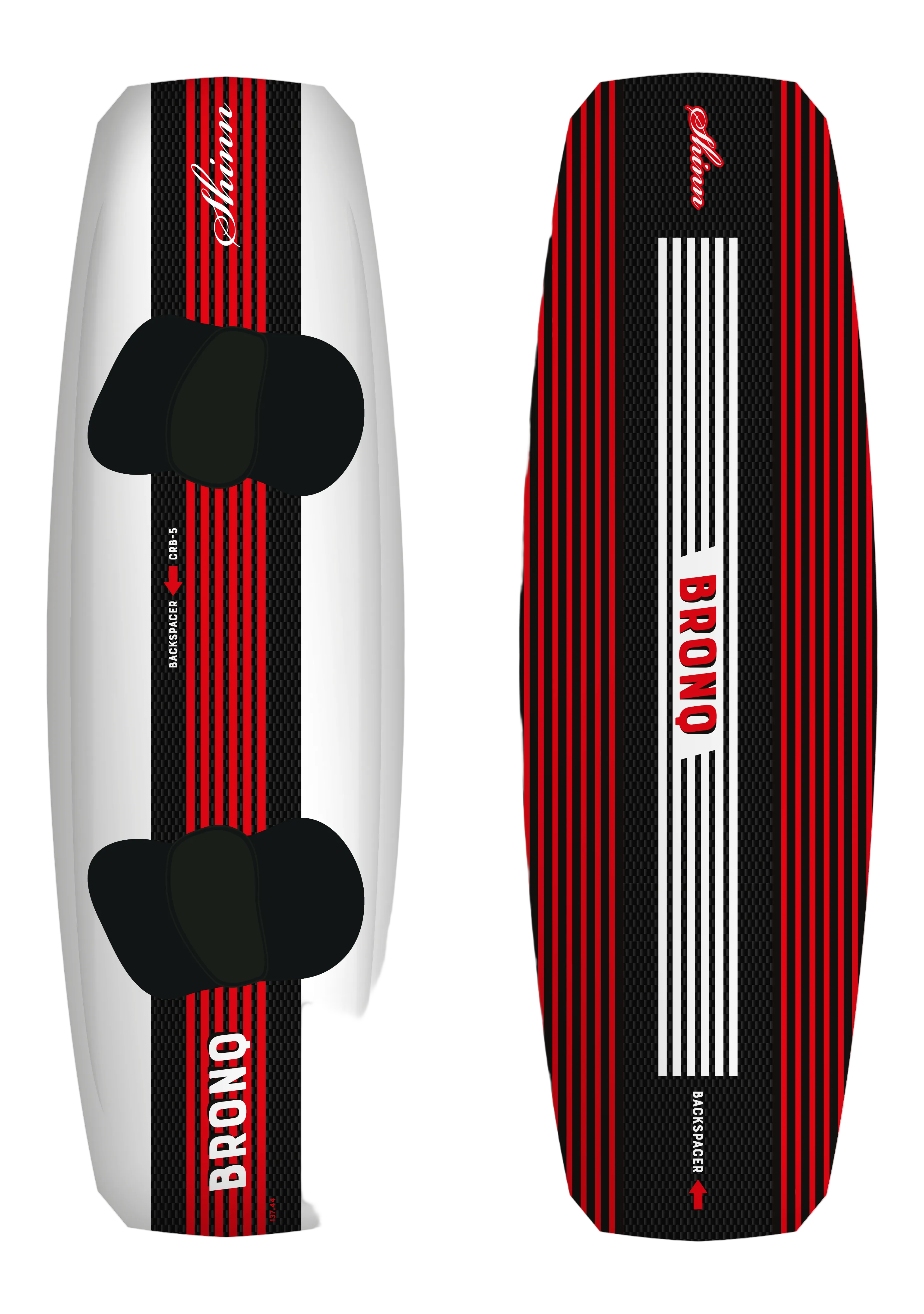 Two views of a white and red wakeboard with 'Brono' branding on a white background.