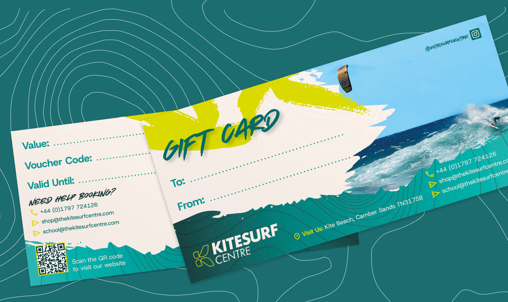 Gift card design for Kitesurf Centre with a kitesurfer on a wave illustration.