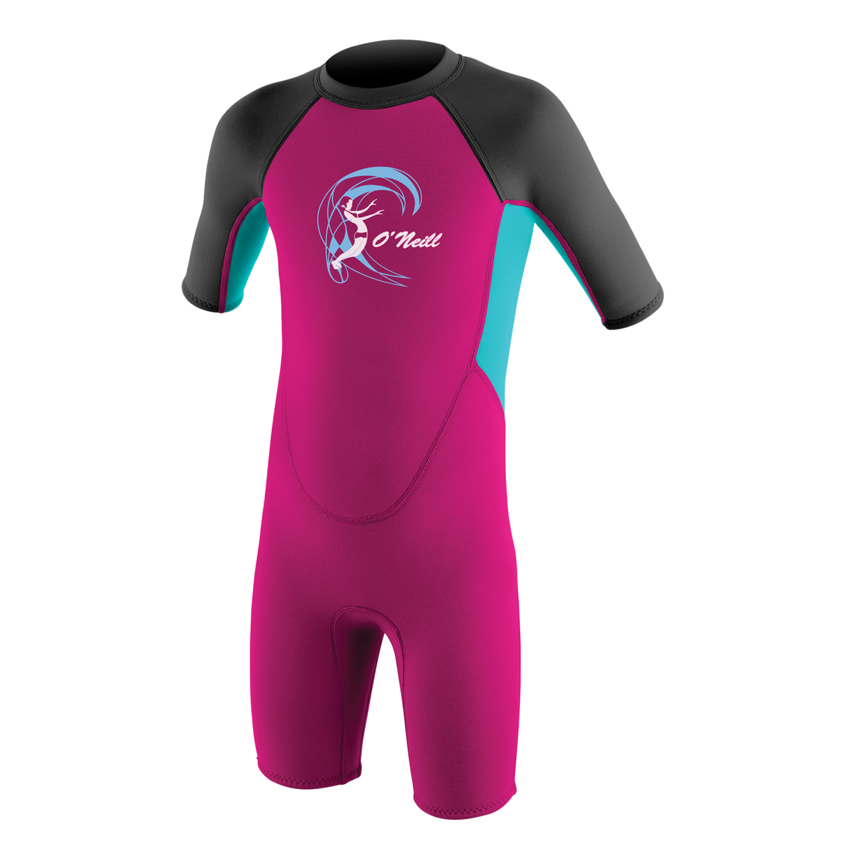 O'Neill Toddler Reactor-2 2mm Back Zip Short Sleeve Spring - Girls Wetsuit — Berry/Lightaqua/Graphite (DR8) — front