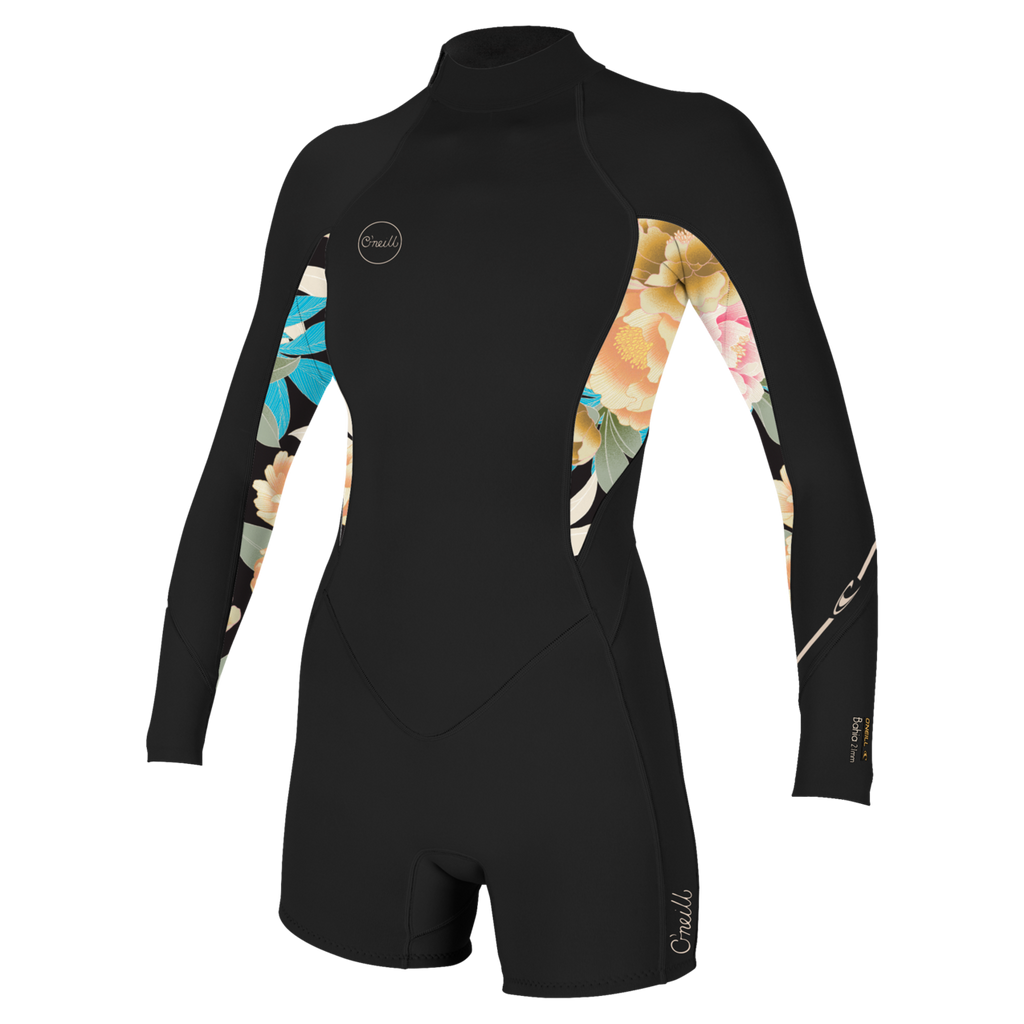O'Neill Women's Bahia 2/1mm Back Zip Long Sleeve Spring Wetsuit — Black/Mikahfloral/Black (IJ7) — front