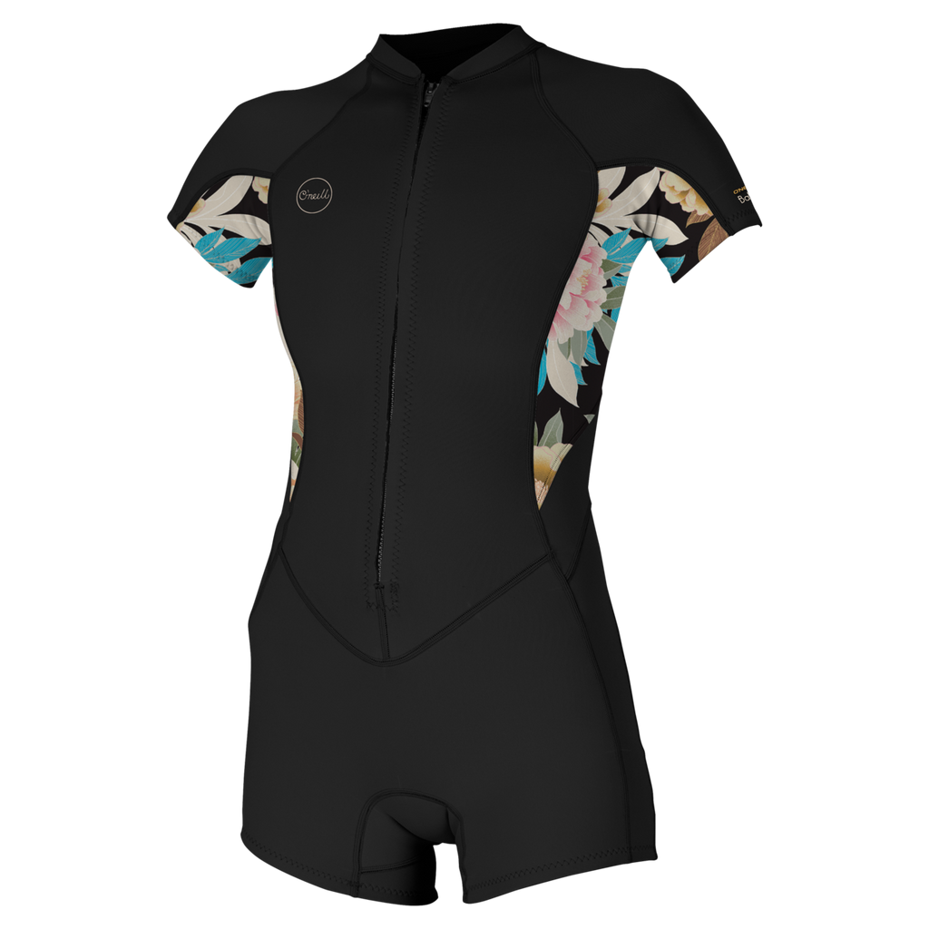 O'Neill Women's Bahia 2/1mm Front Zip Short Sleeve Spring Wetsuit — Black/Mikahfloral/Black (IJ7) — front