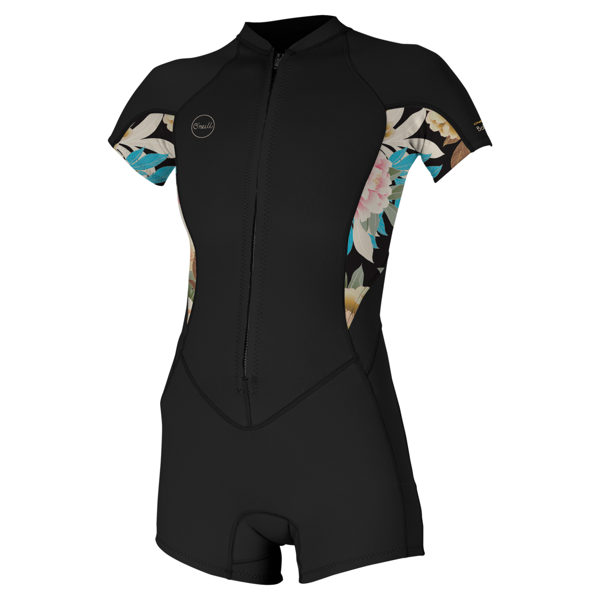 O'Neill Women's Bahia 2/1mm Front Zip Short Sleeve Spring Wetsuit — Black/Mikahfloral/Black (IJ7) — front