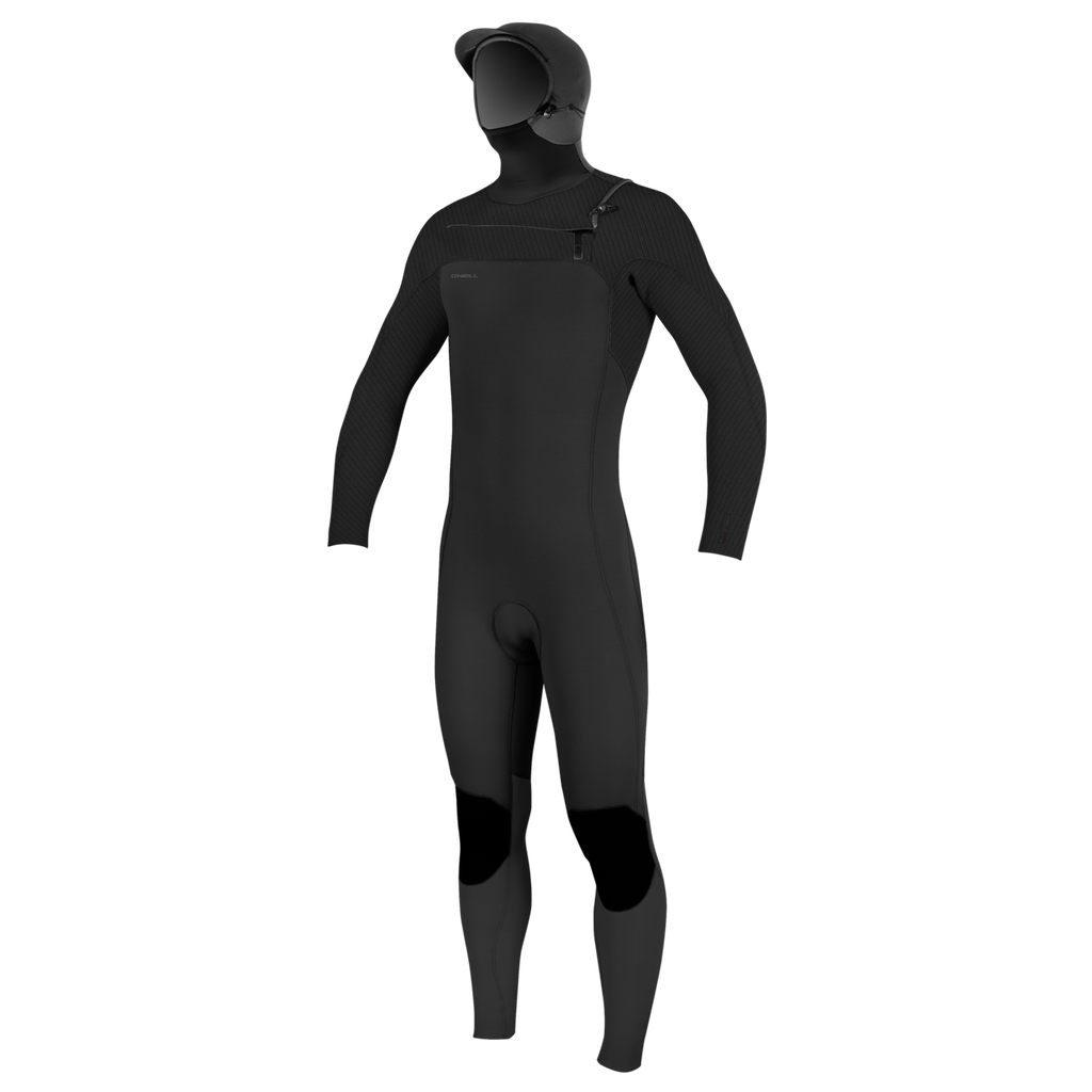 O'Neill Men's Hyperfreak 5/4mm+ Chest Zip with Hood Wetsuit — Black/Black (A00) — front