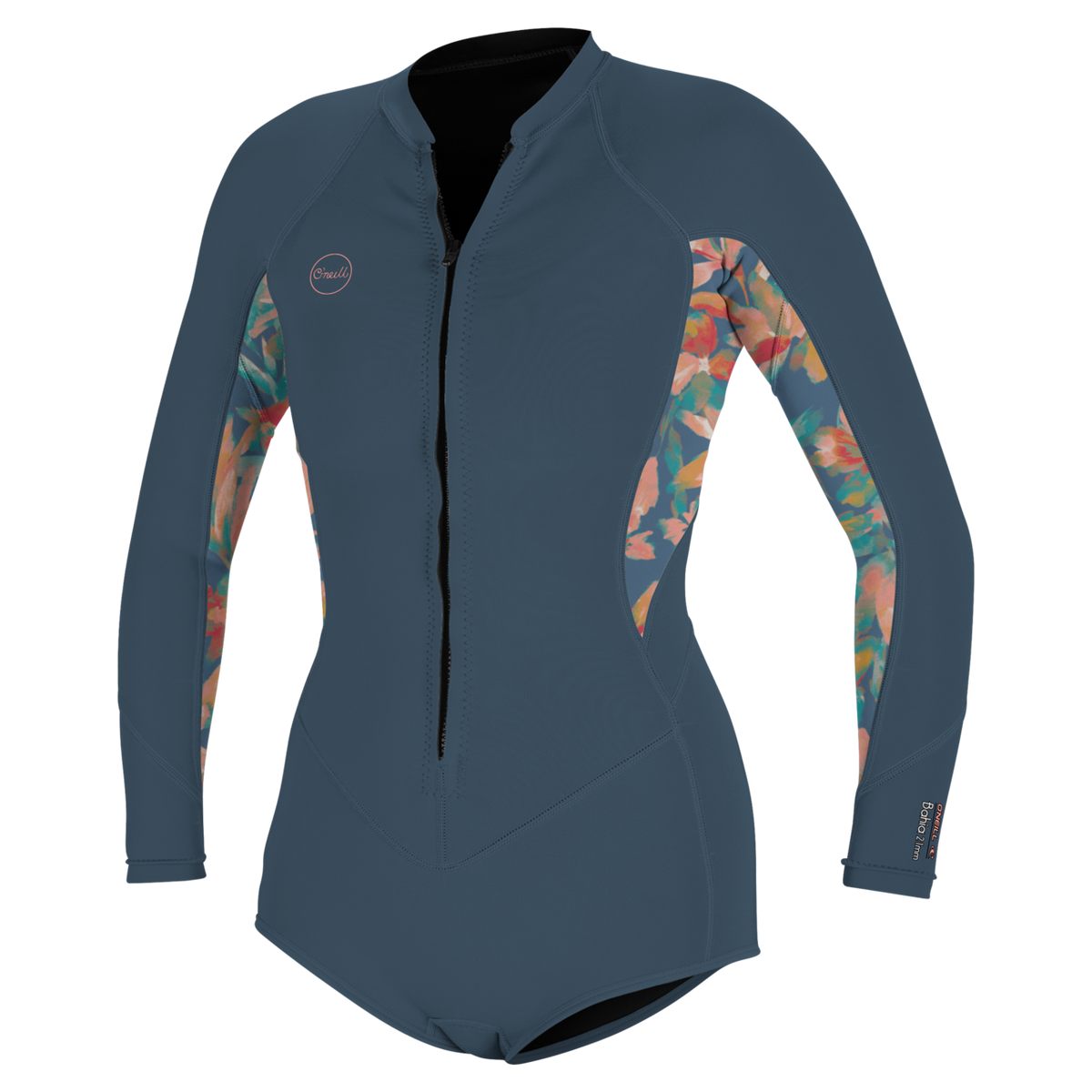 O'Neill Women's Bahia 2/1mm Front Zip Long Sleeve Short Spring Wetsuit — Copenblu/Ptdtrpcs/Copenblu (IL5) — front