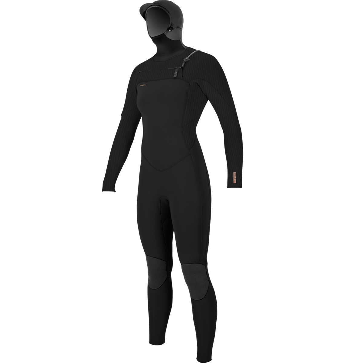 O'Neill Women's Hyperfreak 5/4mm+ Chest Zip with Hood Wetsuit — Black/Black (A00) — front