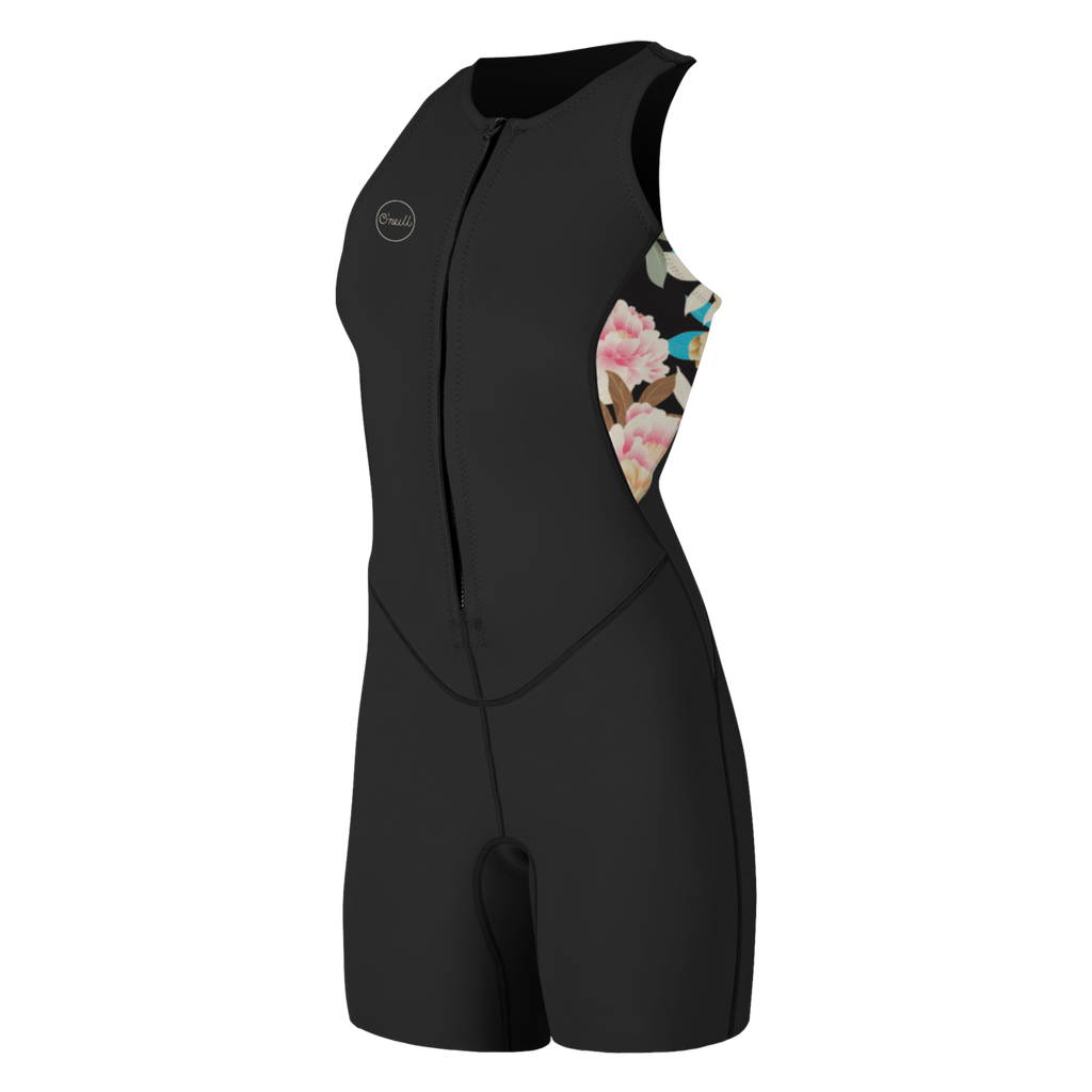 O'Neill Women's Bahia 1.5mm Front Zip Shorty Wetsuit — Black/Mikahfloral (IJ6) — front