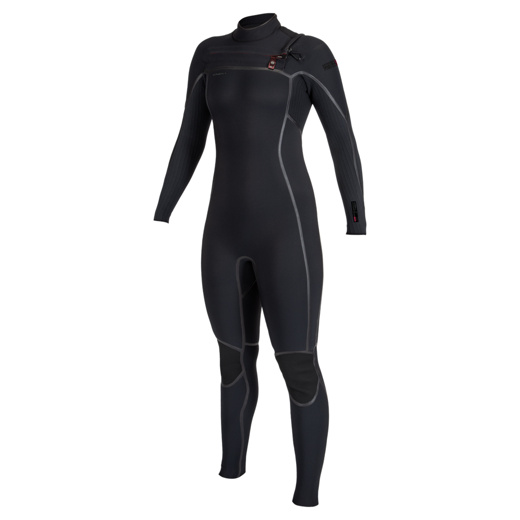 O'Neill Women's Hyperfreak Fire 4/3mm+ Chest Zip Full Wetsuit — Black/Black (A00) — front