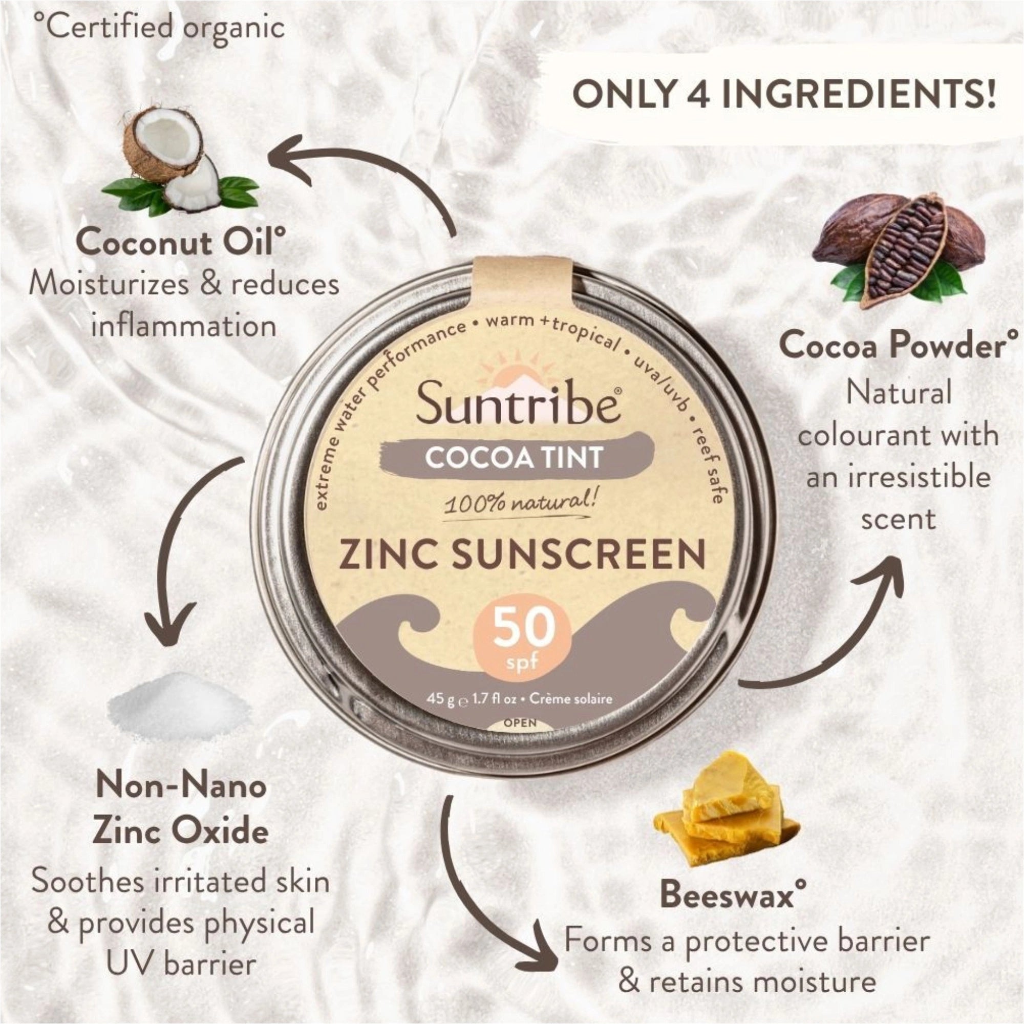 Suntribe - Suntribe Organic Zinc Cocoa Tint Sunscreen SPF 50 - The Kitesurf Centre