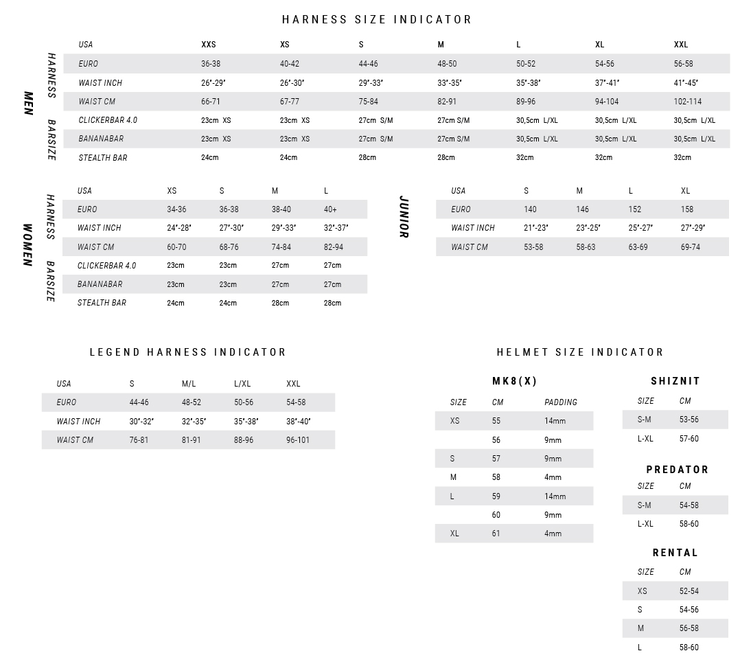 Harness Size Charts - Kitesurfing - The Kitesurf Centre